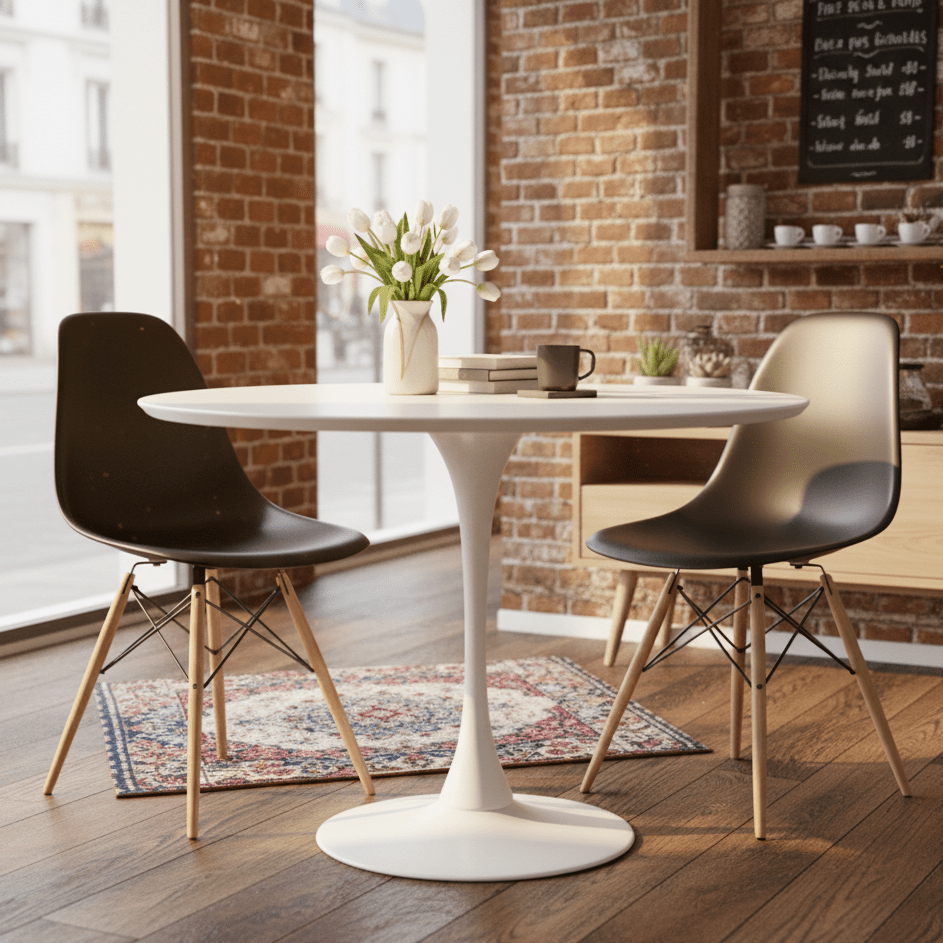 Dining Chair - 2 Black Emma chairs at a tulip table in a bistro setting - That Couch Place