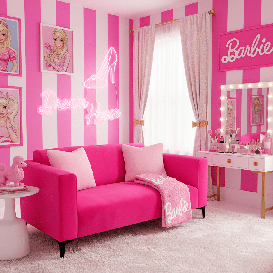 Girly Pink two Seater Couch in a barbie themed room - That Couch Place