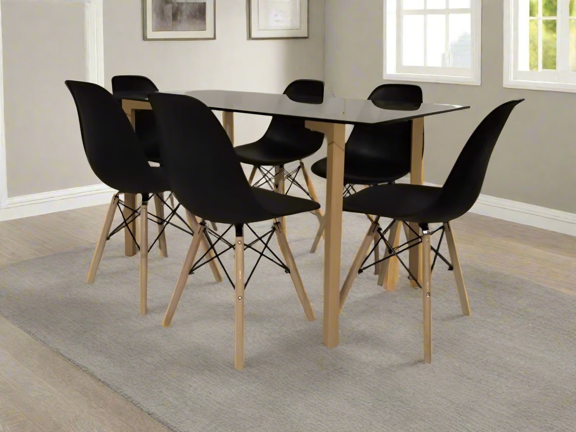 Glass Table Dining Room Set in urban dining room setting with six black chairs - That Couch Place