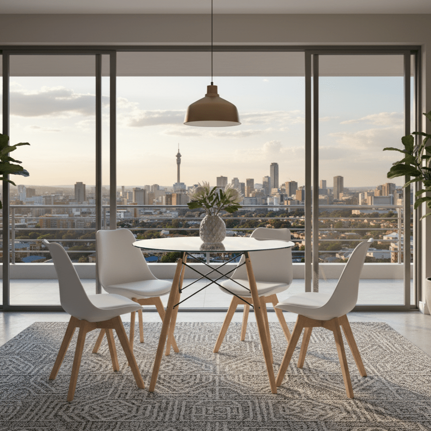 White Modern Retro Padded Chairs with table in an urban setting with a view of the city - That Couch Place