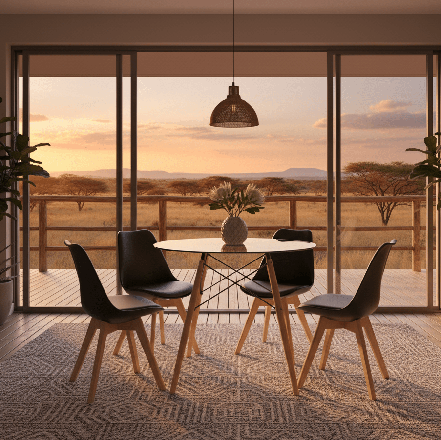 Black Modern Retro Padded Chair in a resort with a view of the bush - That Couch Place