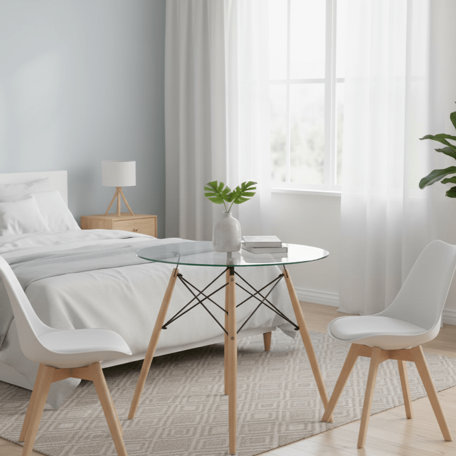 White Modern Retro Padded Chair: Versatile Style for Any Space in a guest house room with table - That Couch Place