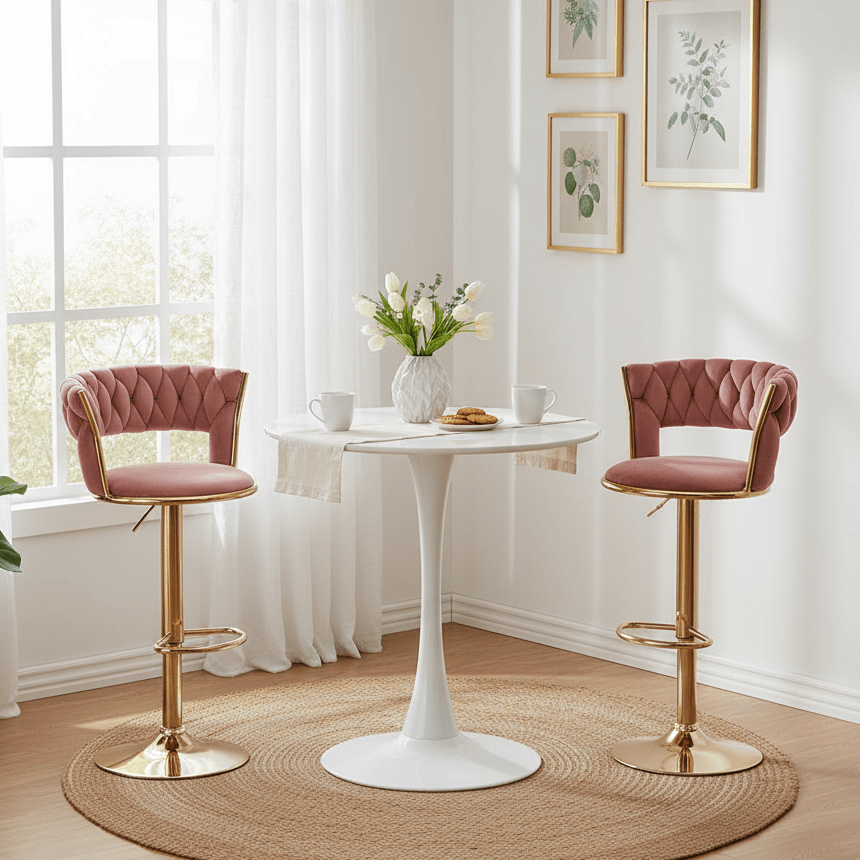 Modern Velvet Wave Hollow Barstool with gold base in airtbnb appartment with white tulip table - That Couch Place