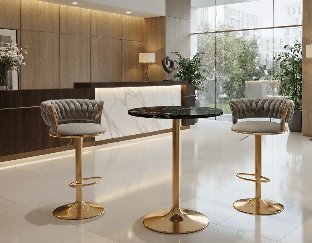 Modern Velvet Wave Hollow Barstool in hotel foyer with black marble table and gold base- That Couch Place
