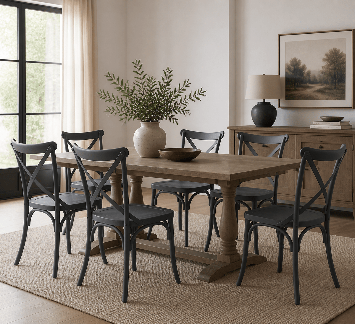 A rustic wooden dining table with six black chairs in a bright, modern dining room setting.