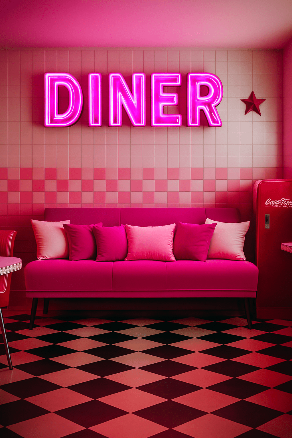 Pink Sleek Sleeper Couch in a Diner Setting- That Couch Place