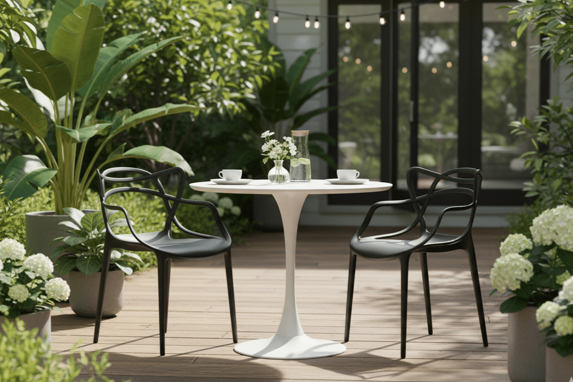 Table: The Tulip Pedestal Table: Iconic Elegance, Your Perfect Height in garden setting with black sculpture chairs - That Couch Place