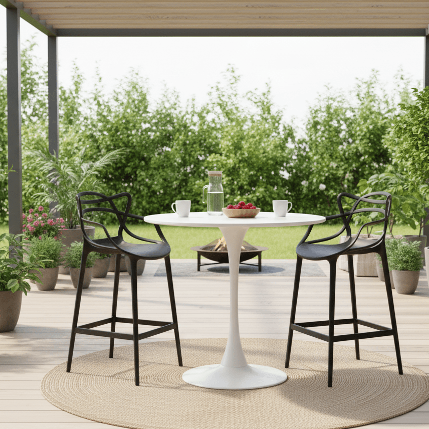 Table: The Tulip Pedestal Table: Iconic Elegance, Your Perfect Height on patio setting with garden background - That Couch Place