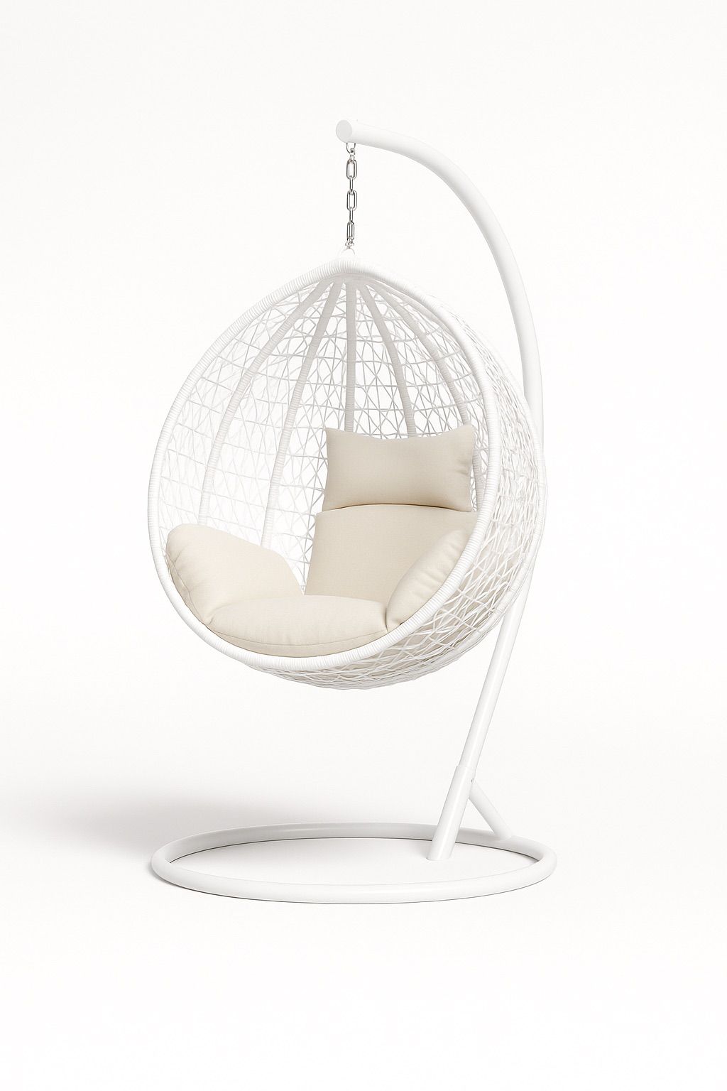 White hanging egg chair with beige cushions on a white background