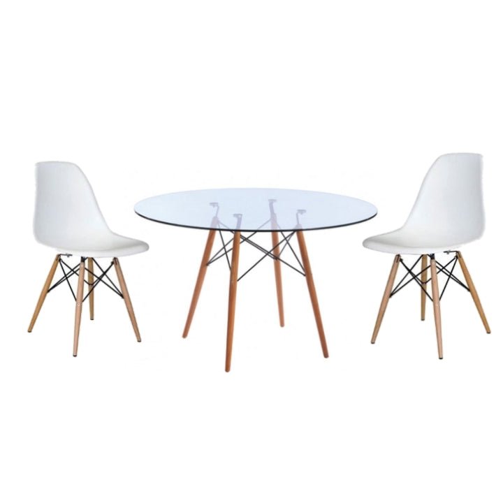 Round Glass Table Dining Room Set Table and 2 White Chairs on a white background - That Couch Place