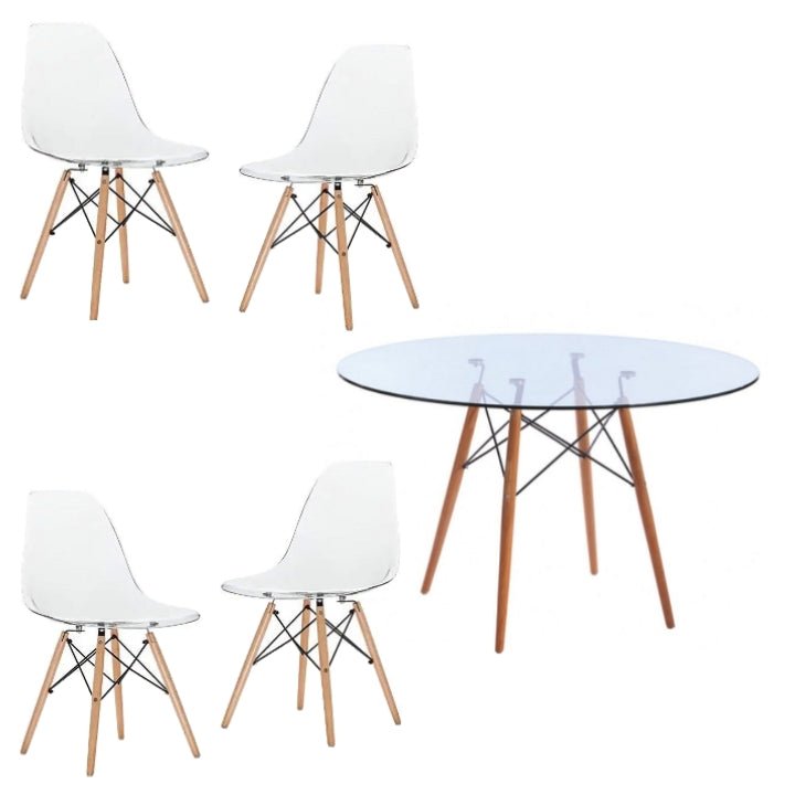 Round Glass Table Dining Room Set Table and 4 White Chairs on a white background - That Couch Place