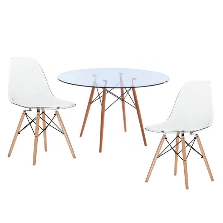 Round Glass Table Dining Room Set Table and 2 White Chairs on a white background - That Couch Place