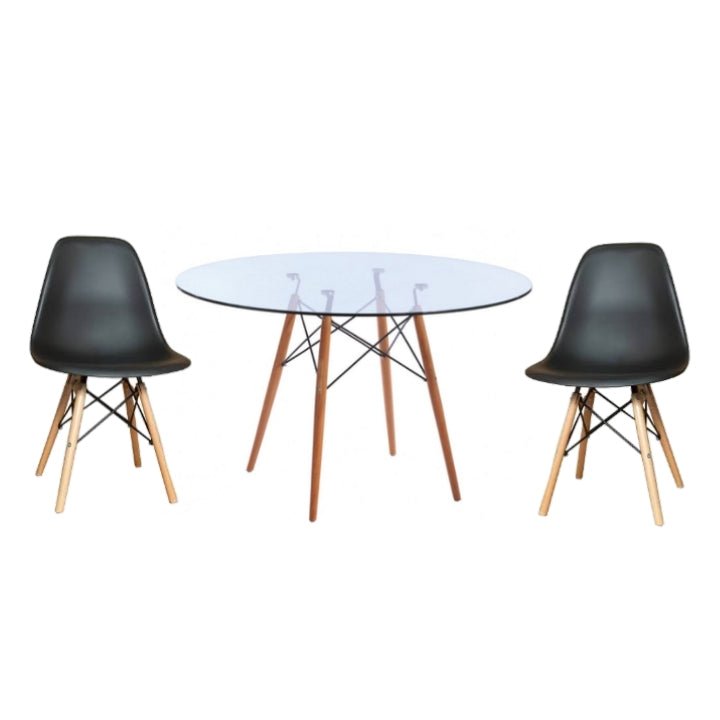 Round Glass Table Dining Room Set Table and 2 Black Chairs on a white background - That Couch Place