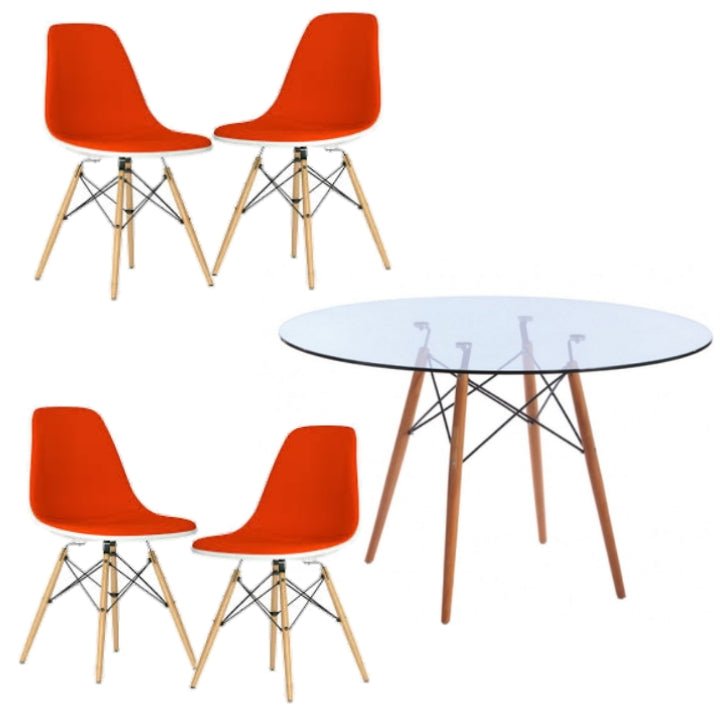 Round Glass Table Dining Room Set Table and 4 Red Chairs on a white background - That Couch Place