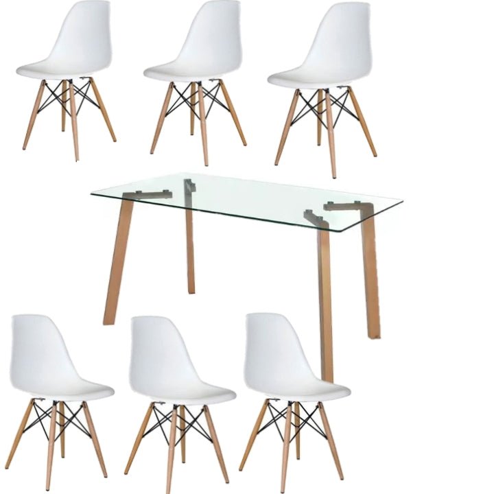 Glass Table Dining Room Set Table and 6 Chairs on a white background - That Couch Place
