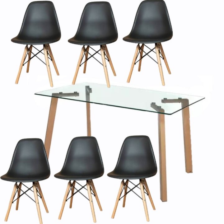 Glass Table Dining Room Set Table and 6 black Chairs on a white background - That Couch Place