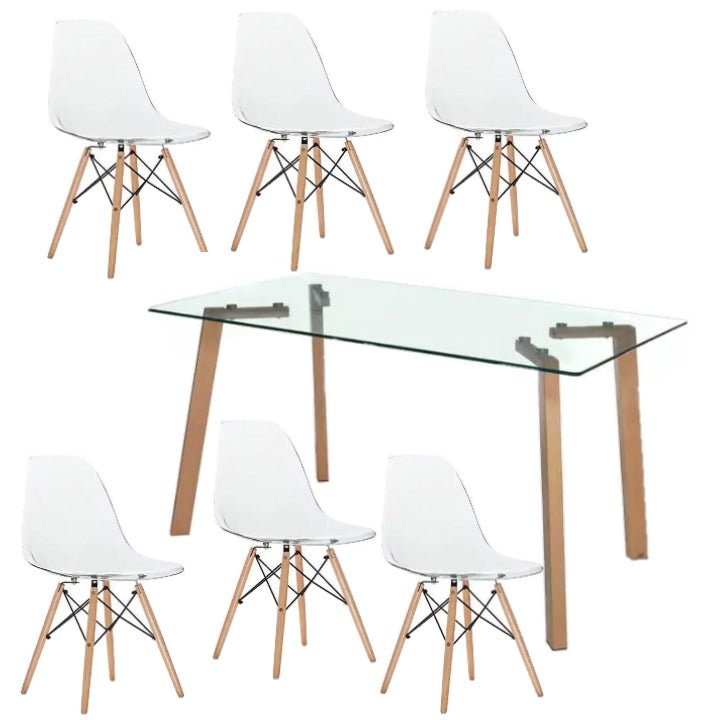 Rectangular Glass Table Dining Room Set Table and 6 White Chairs on a white background - That Couch Place