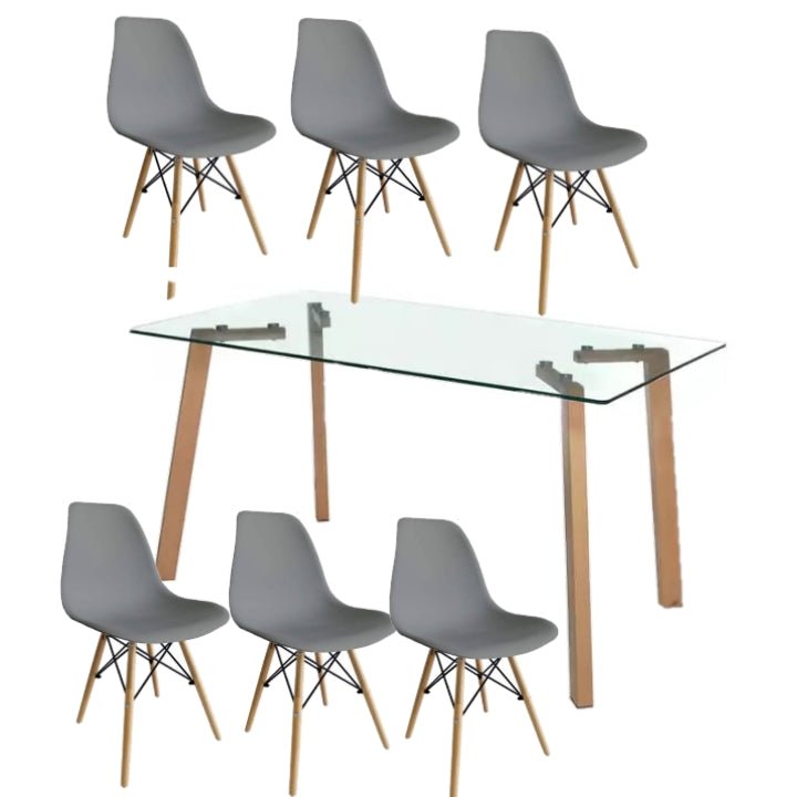 Glass Table Dining Room Set Table and 6 Grey Chairs on a white background - That Couch Place