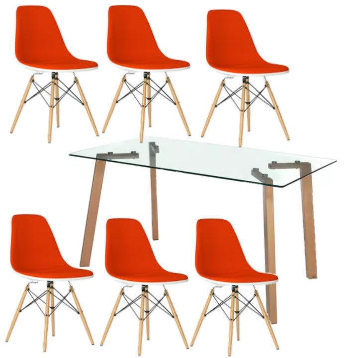 Rectangular-Glass Table Dining Room Set Table and 6 Red Chairs on a white background - That Couch Place