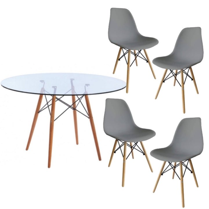 Round Glass Table Dining Room Set Table and 4 grey Chairs on a white background - That Couch Place