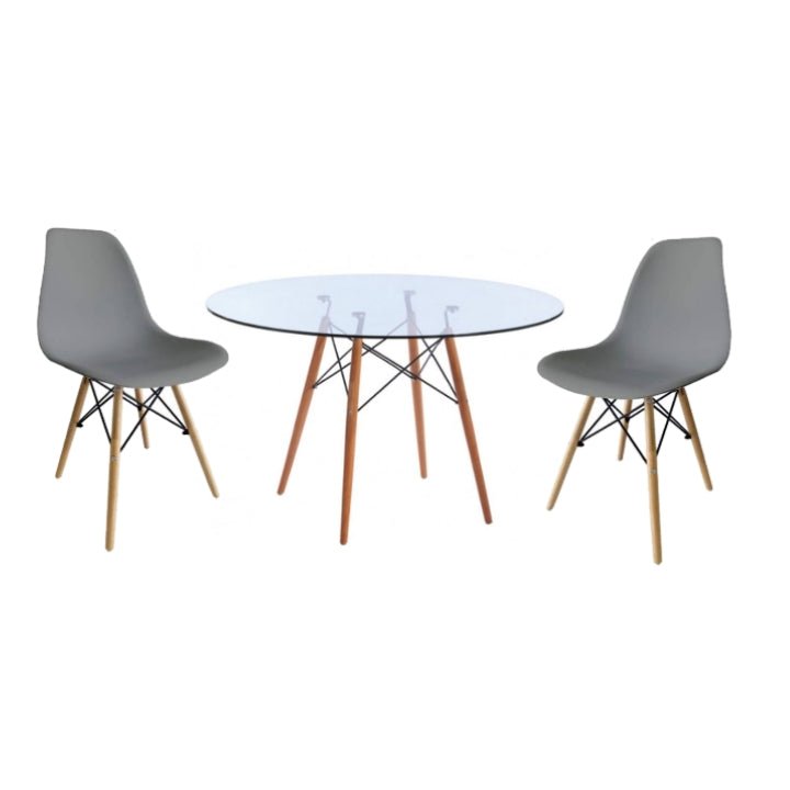 Round Glass Table Dining Room Set Table and 2 grey Chairs on a white background - That Couch Place