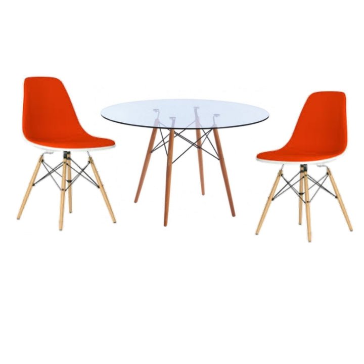 Round Glass Table Dining Room Set Table and 2 red Chairs on a white background - That Couch Place