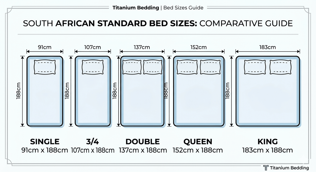 Comparative chart of South African bed sizes including Single, Double, Queen, and King dimensions for Titanium Bedding frames.