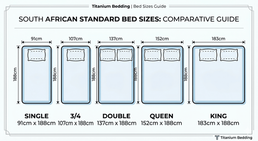 Comparative chart of South African bed sizes including Single, Double, Queen, and King dimensions for Titanium Bedding frames.