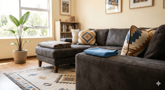 Close-up of a charcoal buffalo suede couch in a sunny living room, illustrating upholstery maintenance and fabric care.