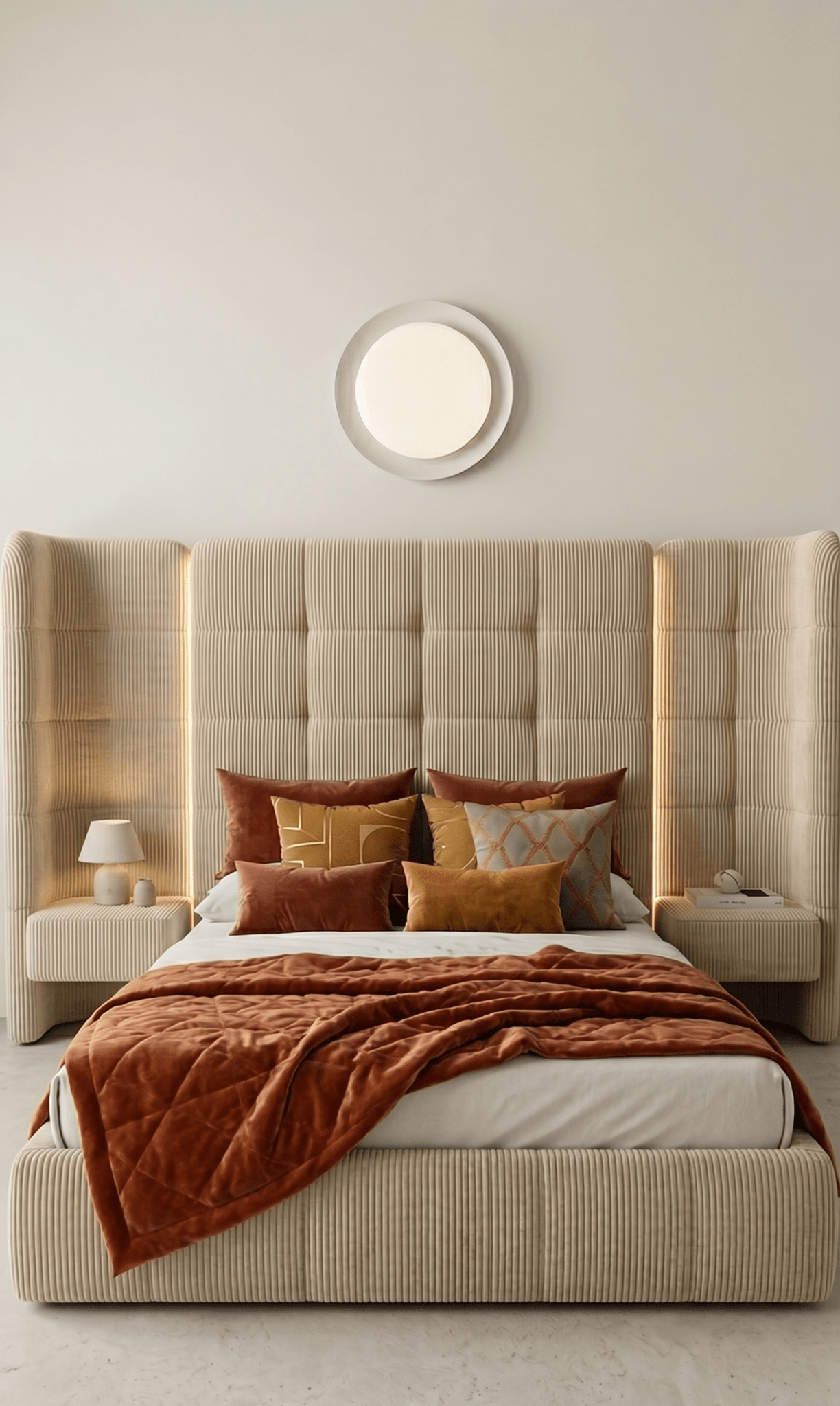 Image of a headboard with upholstered base in corduroy fabric in bedroom