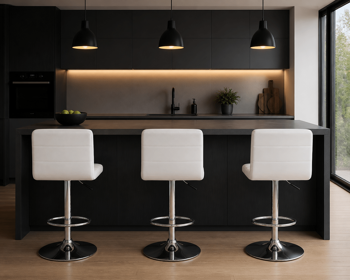 Modern adjustable bar, kitchen, island, nook  chairs with chrome base and cushioned seat in a dining setting