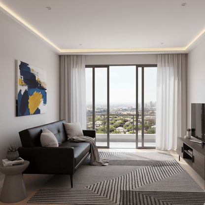 Modern living room with a black sleeper sofa, rug, and large window view. That Couch Place