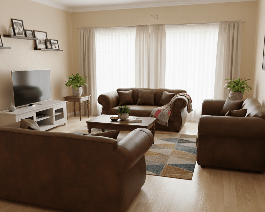 Living room with brown sofas, a coffee table, and a TV. That Couch Place