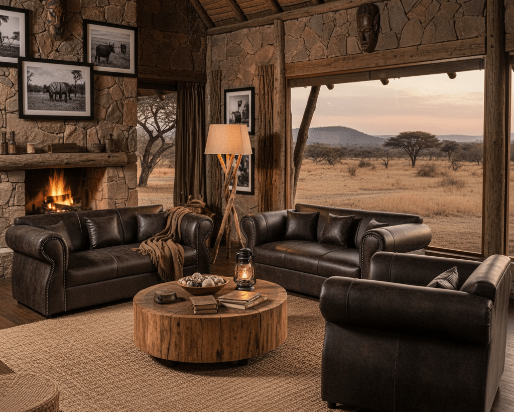 Living room with leather sofas, a wooden coffee table, and a view of the outdoors. That Couch Place