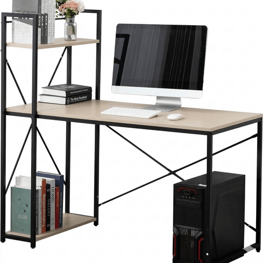 Computer desk with a monitor, keyboard, and books on a white background