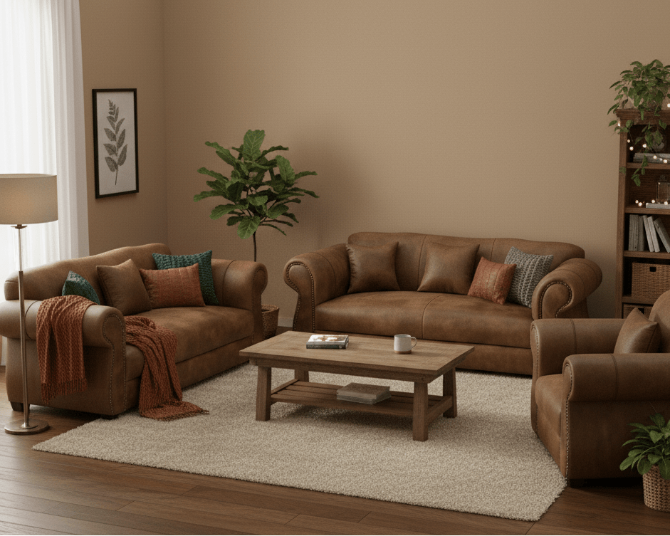 Cozy living room with light brown leather sofas, a coffee table, and decorative elements. hat couch place