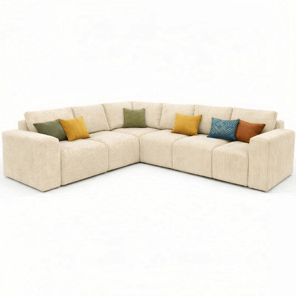 Beige sectional Corduroy sofa with colorful cushions on a white background