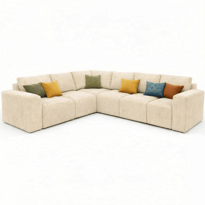 Beige sectional Corduroy sofa with colorful cushions on a white background