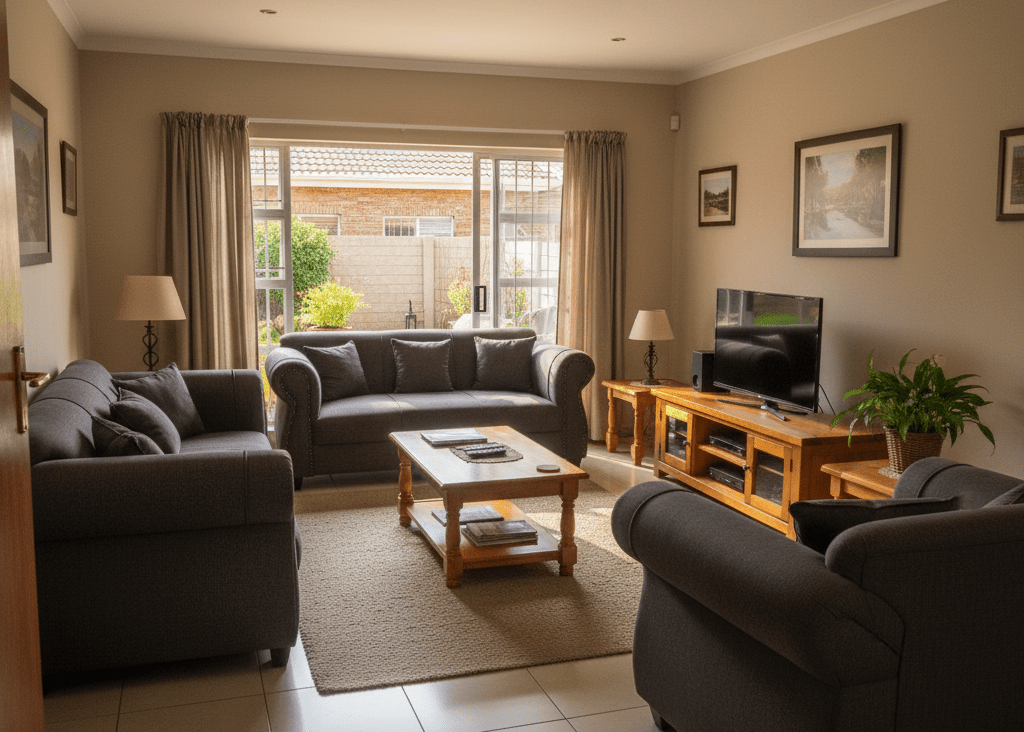 Living room with gray sofas, a coffee table, and a TV. That Couch Place