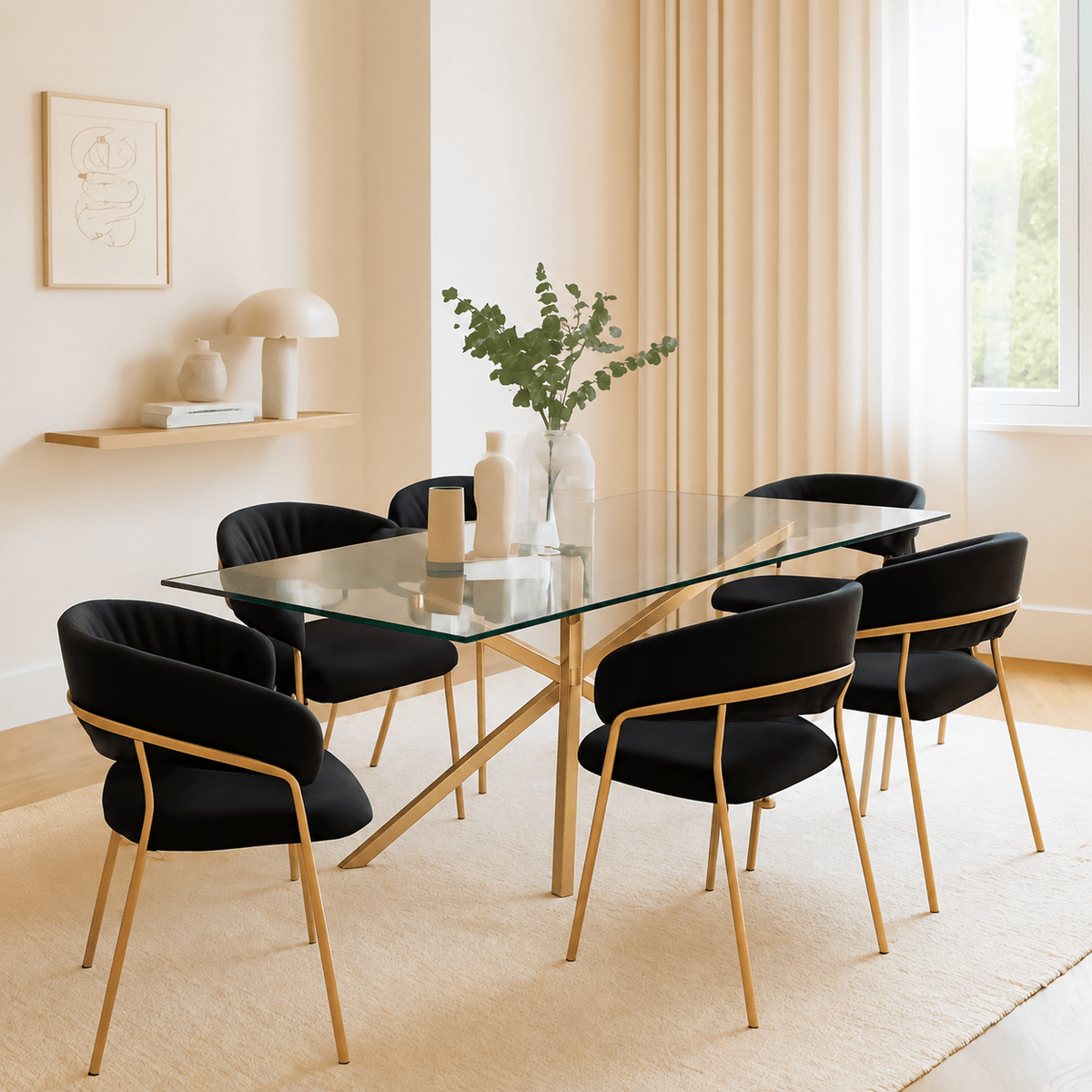 A modern dining set featuring a rectangular glass-top table with a gold metal base and six matching black upholstered chairs with gold legs, styled in a bright, minimalist dining room.