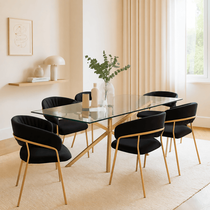A modern dining set featuring a rectangular glass-top table with a gold metal base and six matching black upholstered chairs with gold legs, styled in a bright, minimalist dining room.