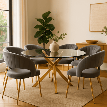 A modern dining set in a warm, neutral-toned room, featuring a round glass-top table with a gold-tone X base and six gray upholstered velvet chairs with gold legs.