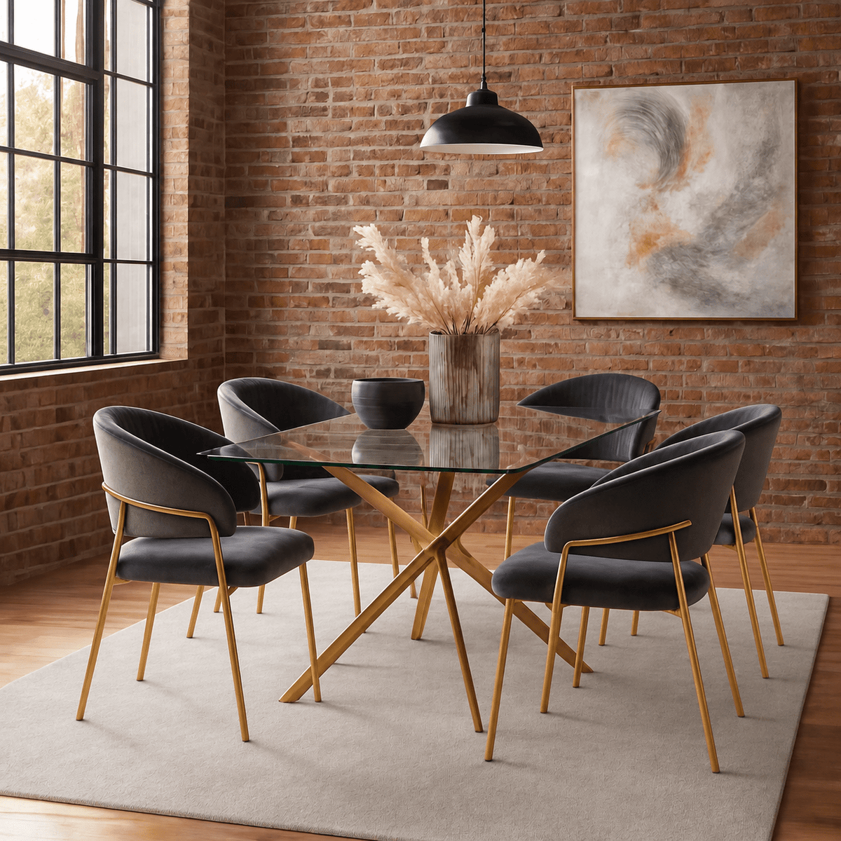 A modern 7-piece dining set featuring a rectangular glass-top table with a gold-tone X base and six matching velvet dining chairs with dark gray upholstery and gold legs, styled in a dining room with a brick wall and hanging pendant light.
