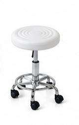 Adjustable White technician stool with chrome base and wheels for salon or medical use