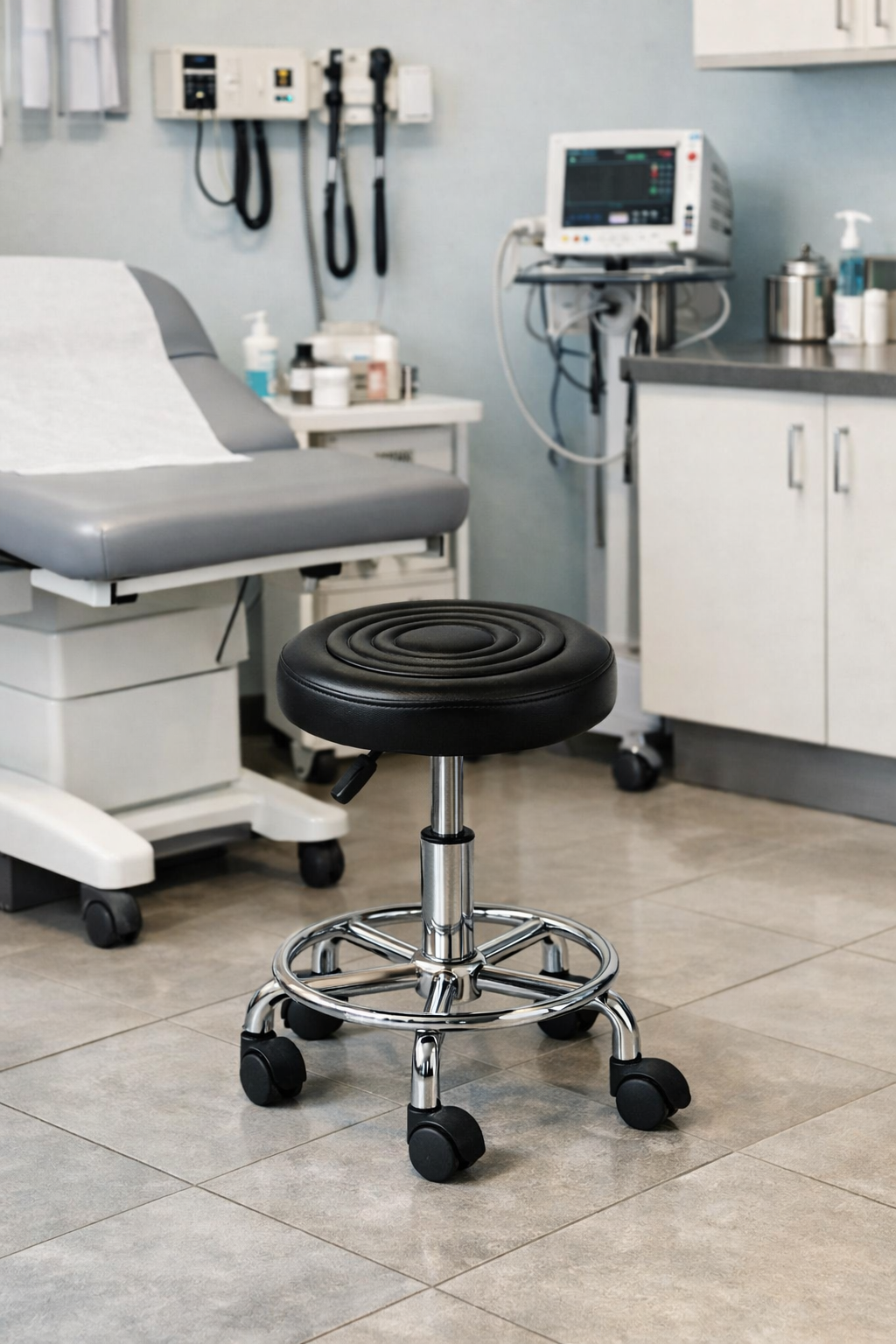 Black Rolling Salon Stool / Swivel Work Stoo/ Lab Stool: Used in scientific or analytical chemistry laboratory settings.
