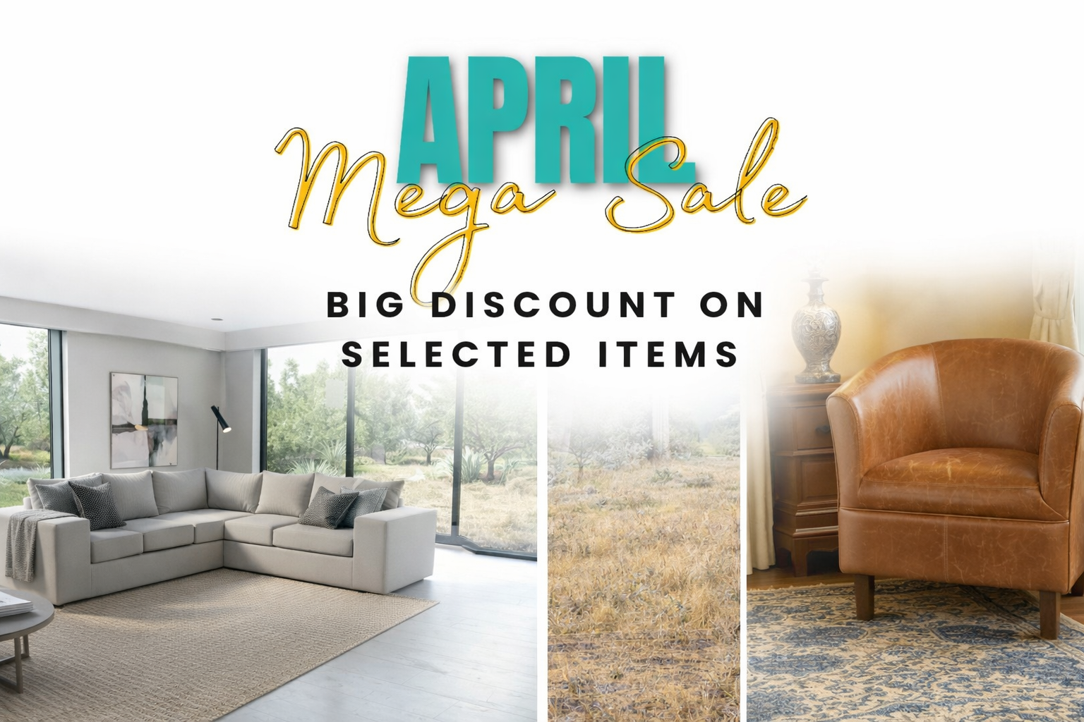 Advertisement for April Mega Sale with living room furniture and text That Couch Place