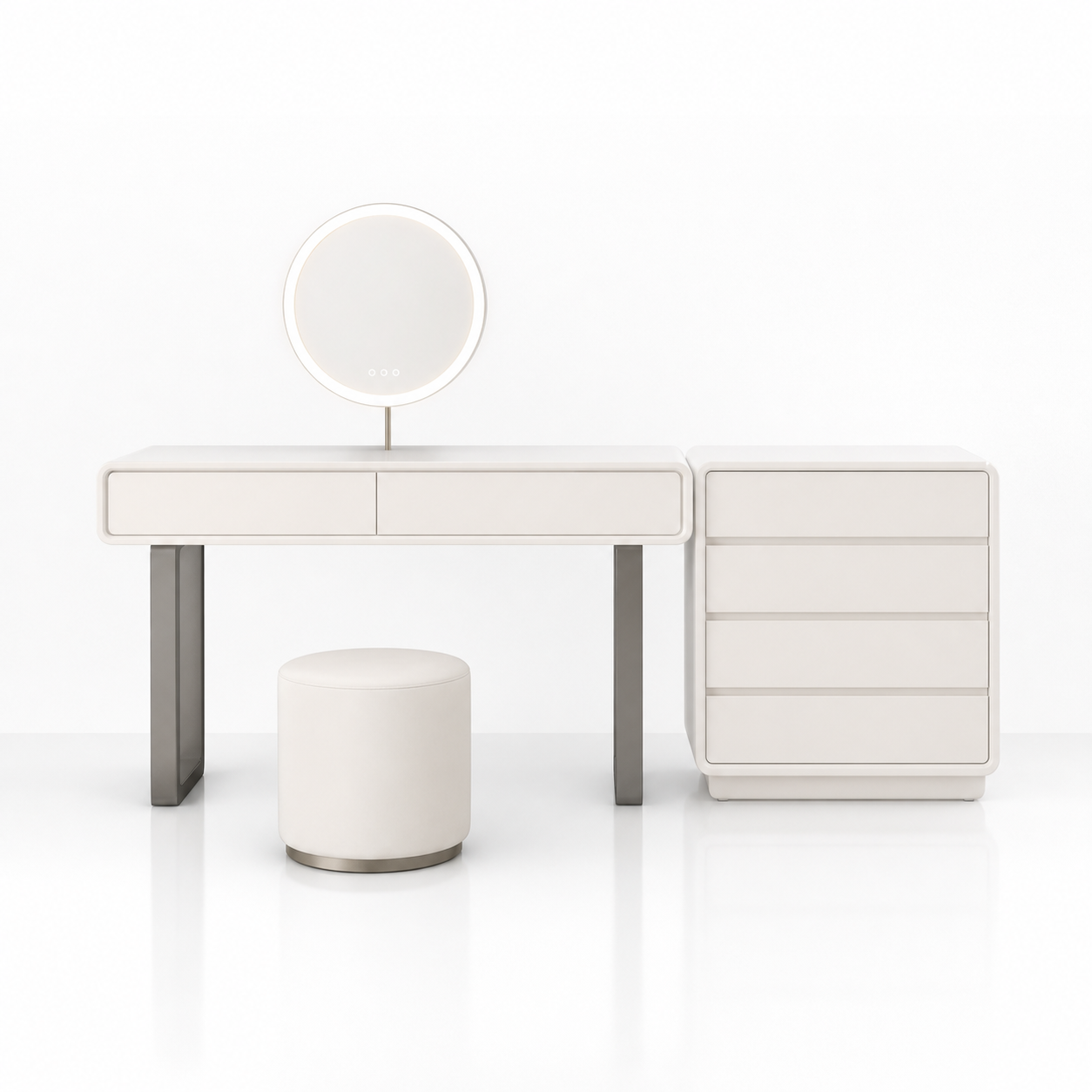 White vanity desk with round mirror and stool on a white background