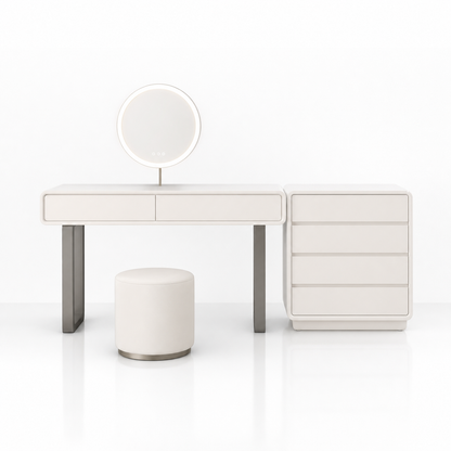 White vanity desk with round mirror and stool on a white background