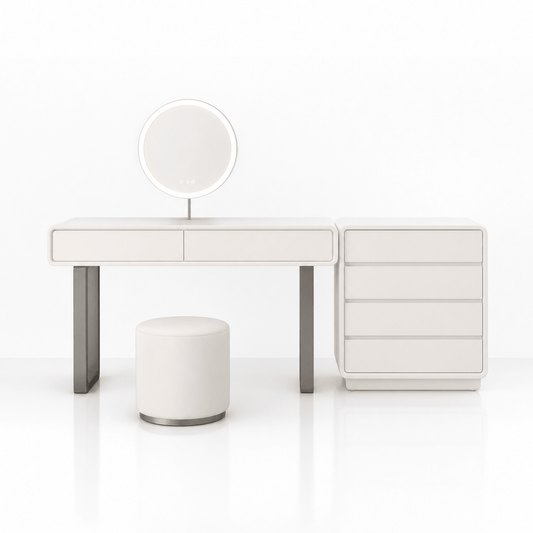 White vanity desk with round mirror and stool on a white background