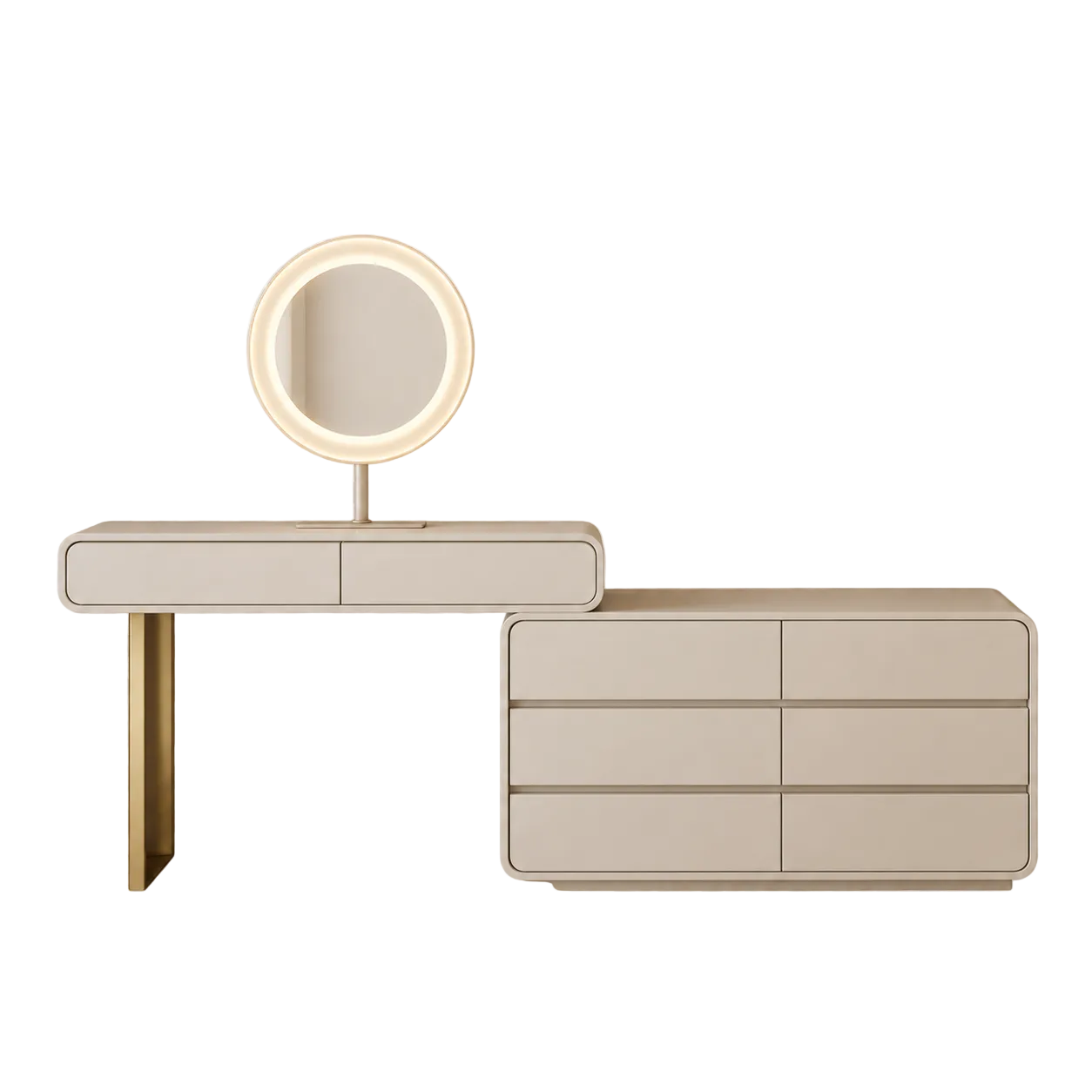 Beige vanity table with round mirror on a transparent background
